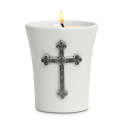 CHRISTIAN CANDLE: Deruta White Ceramic Flared Round Soy Wax Candle with Antique Silver Cross Ornament (14 oz) - USA