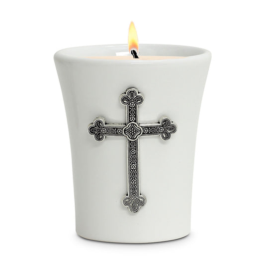 CHRISTIAN CANDLE: Deruta White Ceramic Flared Round Soy Wax Candle with Antique Silver Cross Ornament (14 oz)