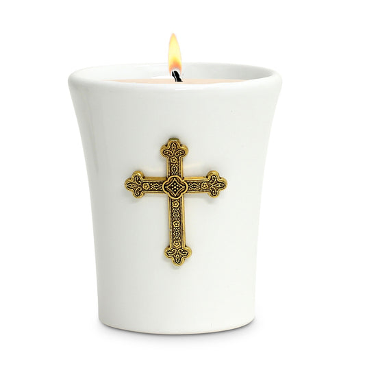 CHRISTIAN CANDLE: Deruta White Ceramic Flared Round Soy Wax Candle with Antique Gold Cross (11 oz) | Catholic Gift