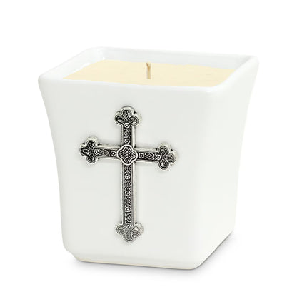 CHRISTIAN CANDLE: Deruta Ceramic Square with Antique Silver Cross Ornament (14 oz) - Decorative Sublimation Ornament USA