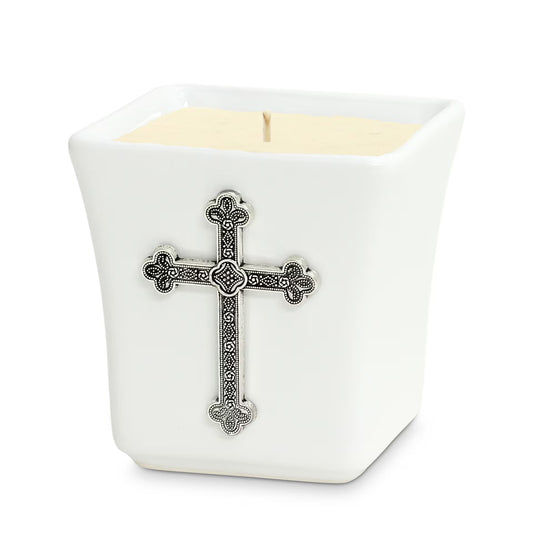 CHRISTIAN CANDLE: Deruta Ceramic Square with Antique Silver Cross Ornament (14 oz)