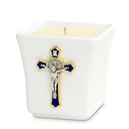 CHRISTIAN CANDLE: Deruta Ceramic Square with  Gold & Enameled Blue Cross Ornament – 14 oz Deruta Italian Gift - USA