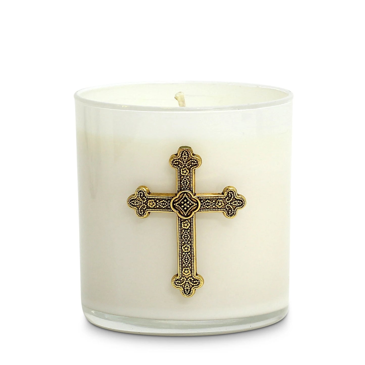 CHRISTIAN CANDLE: White Glass Round Soy Wax Candle 10 oz with Antique Gold Cross – Prayer Candle Gift