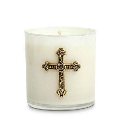 CHRISTIAN CANDLE: White Glass Round Soy Wax Candle 10 oz with Antique Gold Cross – Prayer Candle Gift