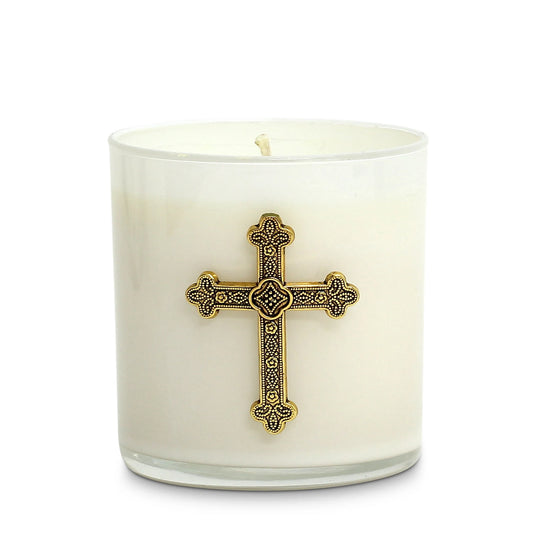 CHRISTIAN CANDLE: Round White Glass Soy Wax Candle 10 oz with Antique Gold Cross – Prayer Candle Gift