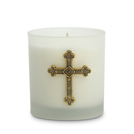CHRISTIAN CANDLE: Round Frosted Glass Soy Wax Candle 8 oz with Antique Gold Cross – Prayer Candle Gift