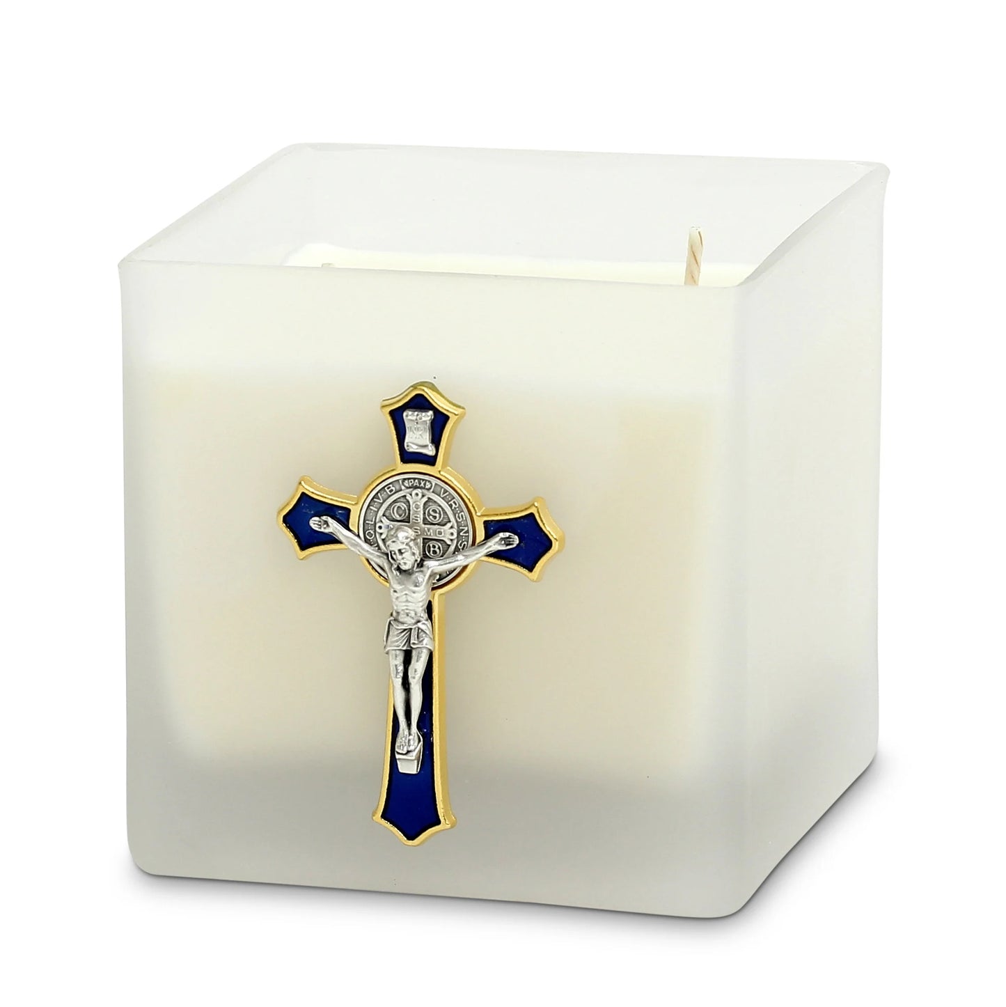 CHRISTIAN CANDLE: St Benedict Cross Frosted Glass Candle – 18 oz Soy Wax