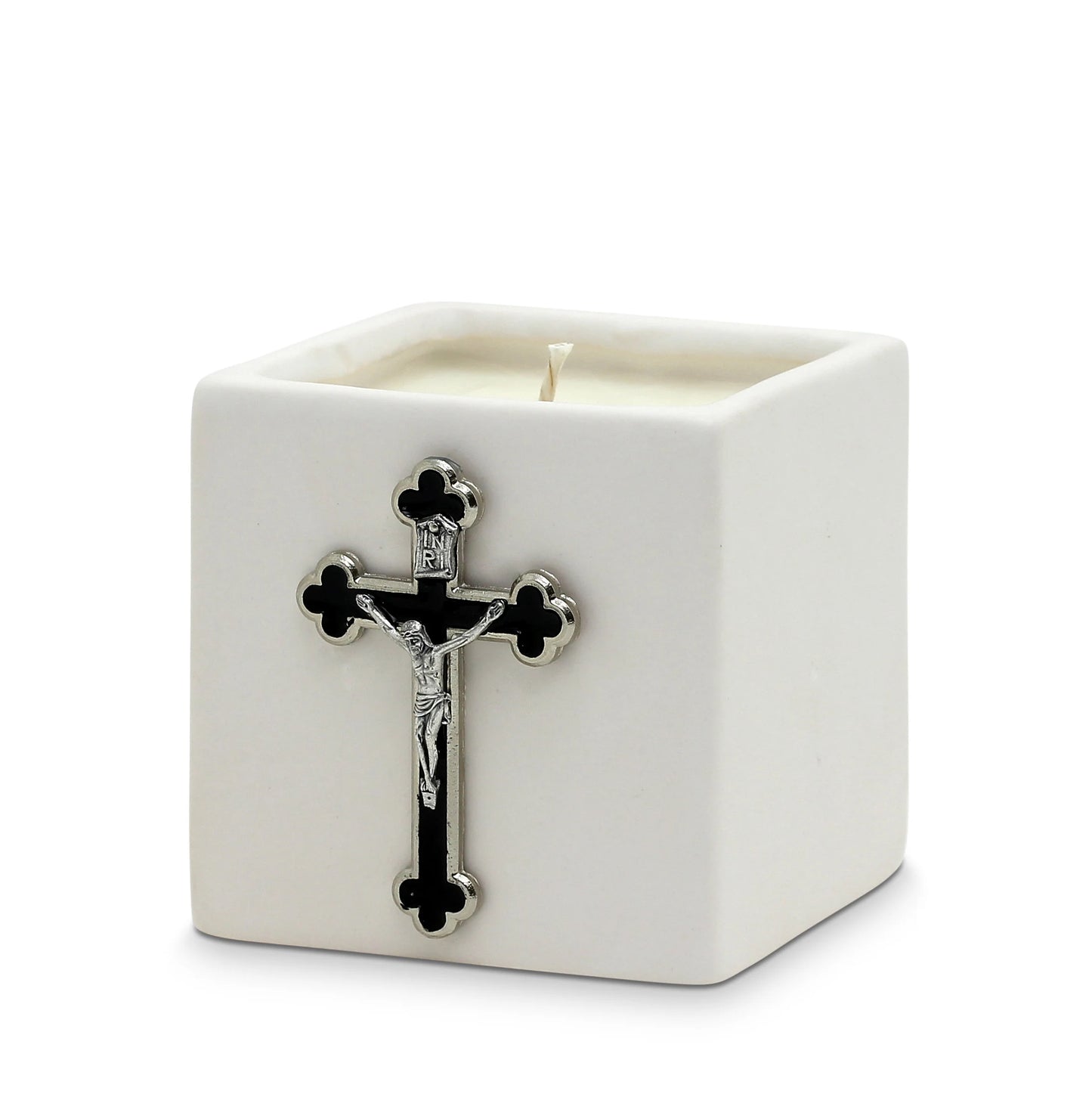 CHRISTIAN CANDLE: White Ceramic Crucifix Candle | First Communion – 10 oz Catholic Soy Wax Gift