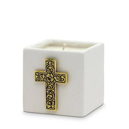 CHRISTIAN CANDLE: White Ceramic Cube Crucifix Candle | First Communion Gold Cross Candle – 10 oz Catholic Soy Wax Gift USA