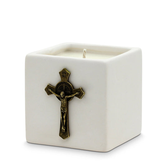 CHRISTIAN CANDLE: White Ceramic Cube Crucifix Candle (10 oz) – Bronze Ornament | First Communion & Confirmation Favor