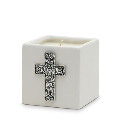 CHRISTIAN CANDLE: White Ceramic Cube Crucifix Candle – 10 oz Soy Wax | First Communion & Confirmation Gift