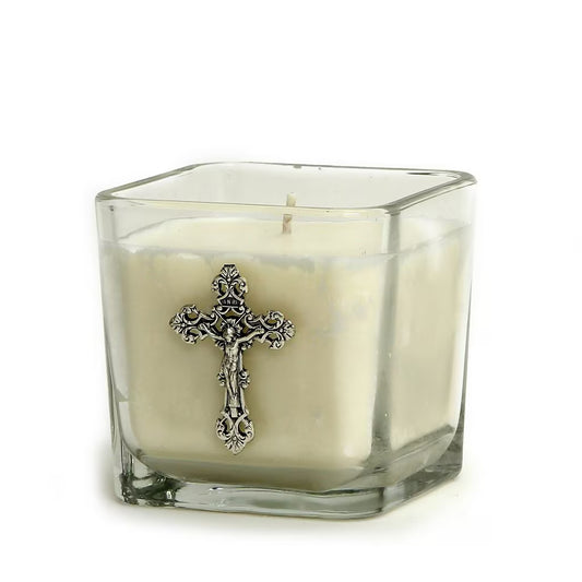 CHRISTIAN CANDLE: Square Glass Catholic Crucifix Candle – 12 oz Soy Wax | Inspirational Christian Gift