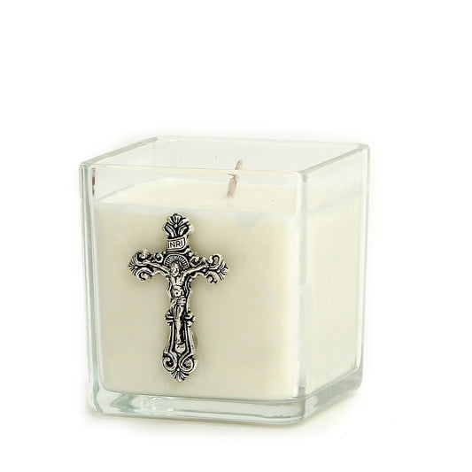CHRISTIAN CANDLE: Glass Soy Wax Candle 7 oz with Silver Catholic Crucifix – Christian Prayer Candle
