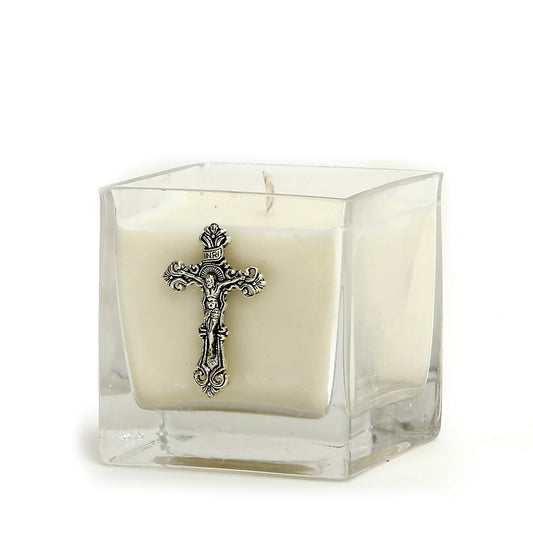 CHRISTIAN CANDLE: Glass Crucifix Candle – 10 oz Unscented Soy Wax
