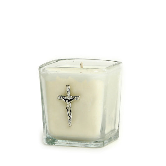 CHRISTIAN CANDLE: Square Glass Crucifix Candle – 7 oz