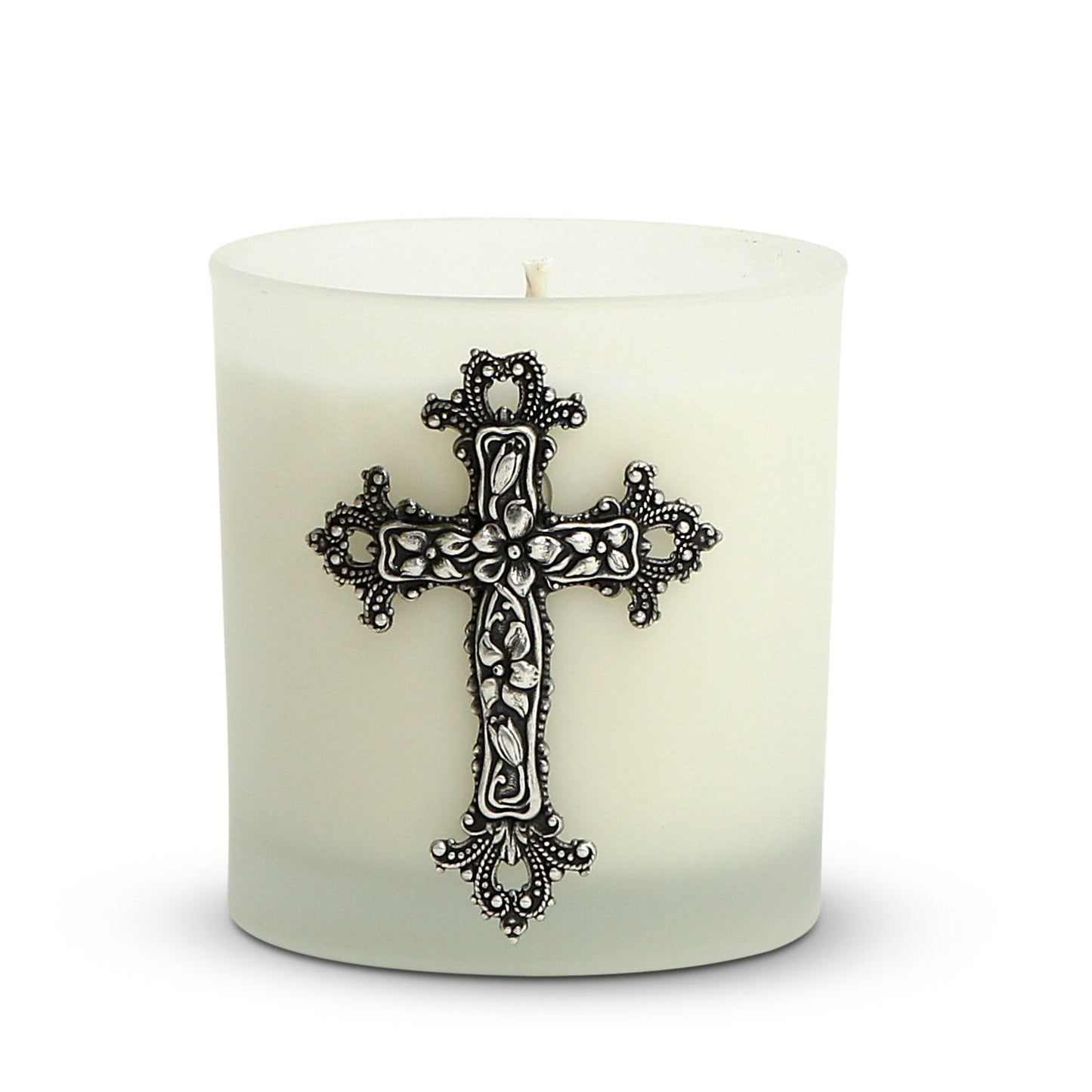 CHRISTIAN CANDLE: Round Frosted Glass Crucifix Candle – 8 oz Soy Wax | Catholic Devotional Gift - Sublimation Printed USA