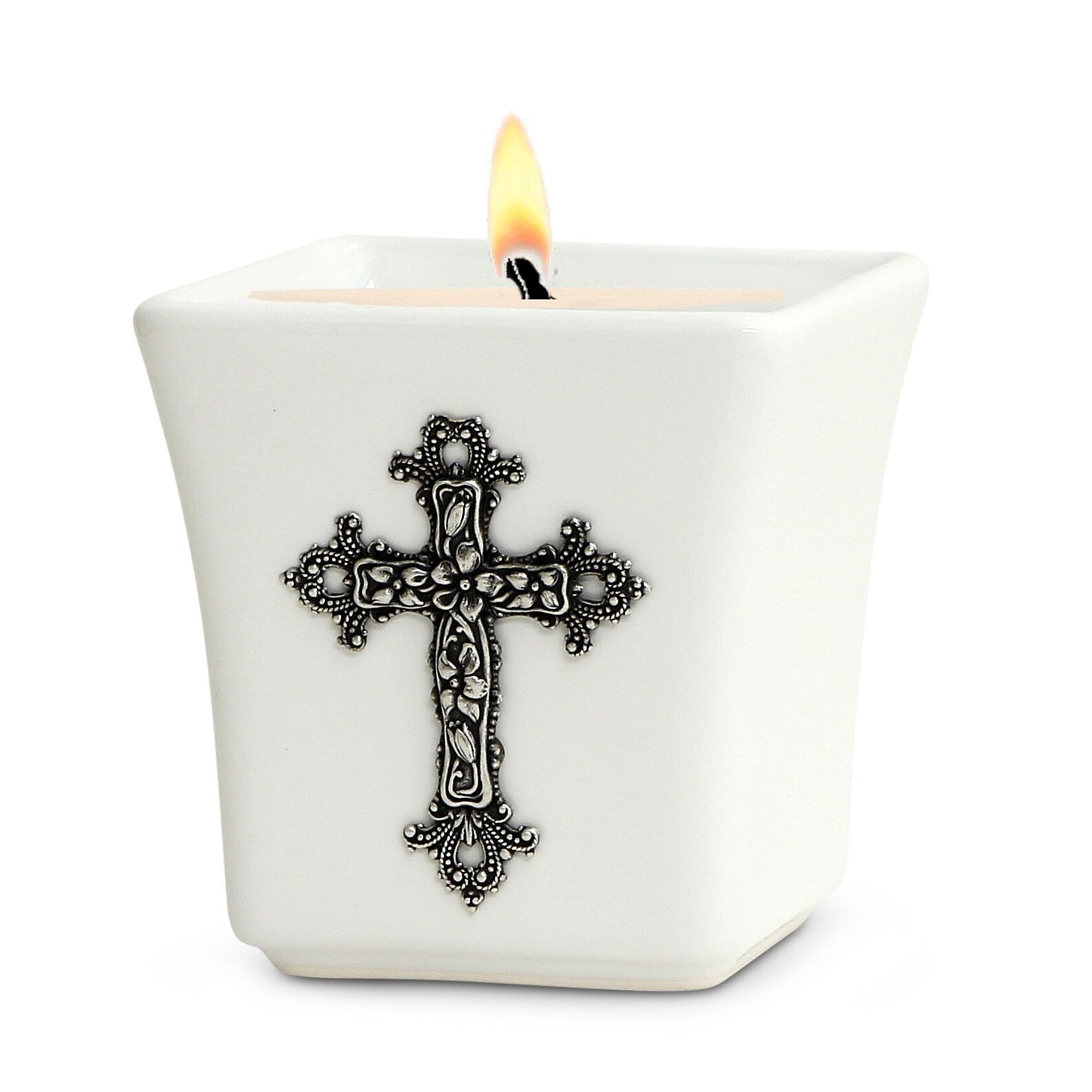 CHRISTIAN CANDLE: Deruta Ceramic Square with with Silver or Brass Cross 14 Oz