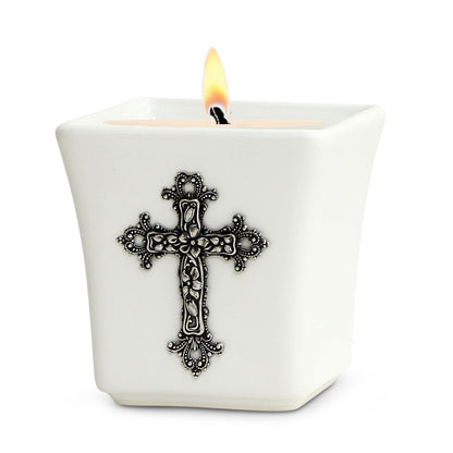 CHRISTIAN CANDLE: Deruta Ceramic Square with with Silver or Brass Cross 14 Oz