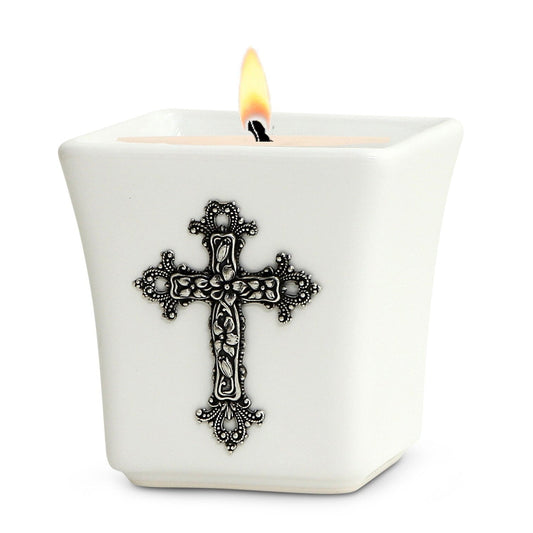 CHRISTIAN CANDLE: Deruta Ceramic Square with with Silver or Brass Cross 14 Oz