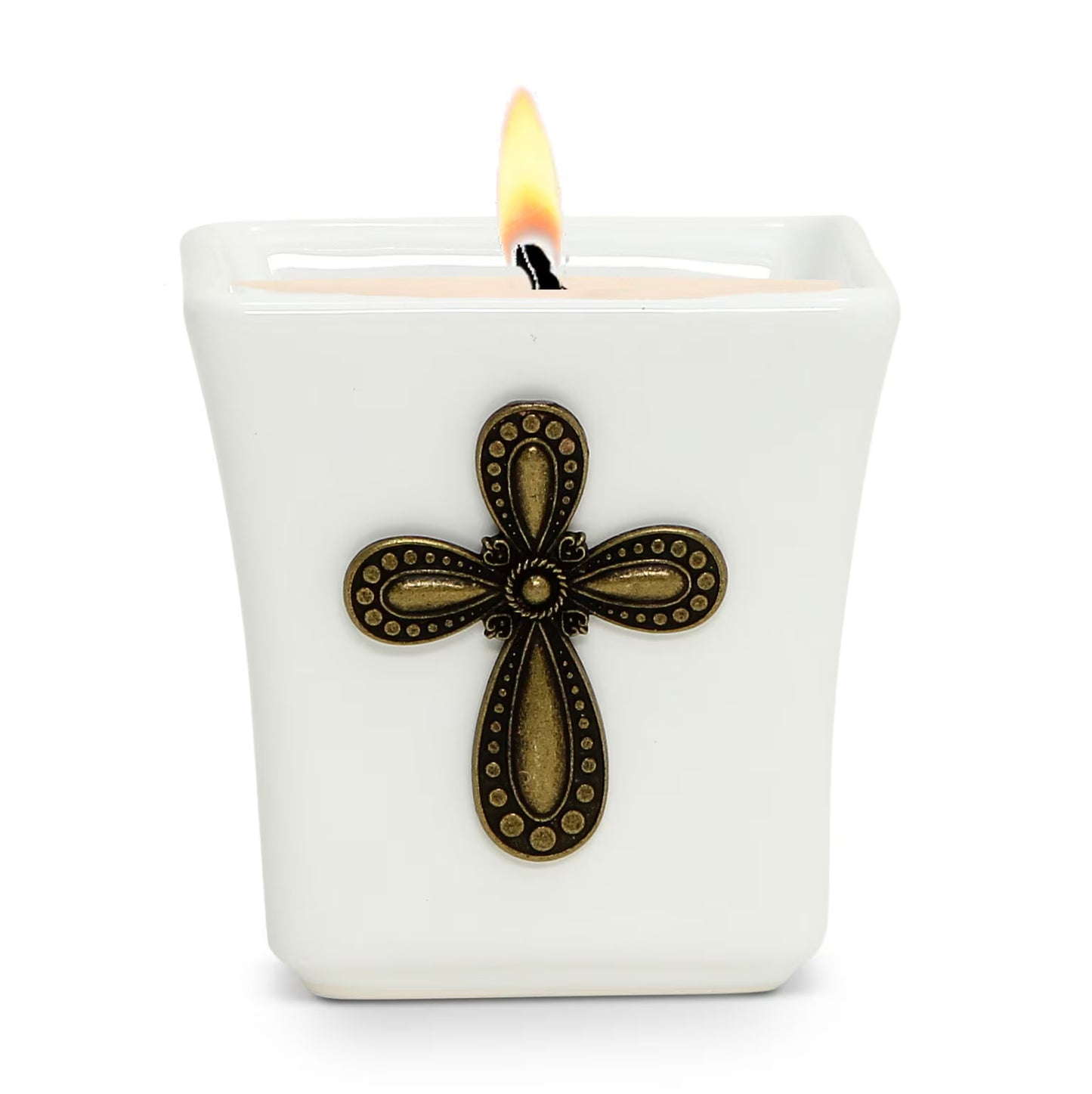CHRISTIAN CANDLE: Deruta Brass Cross Candle – 14 oz Square Ceramic Soy Wax Candle