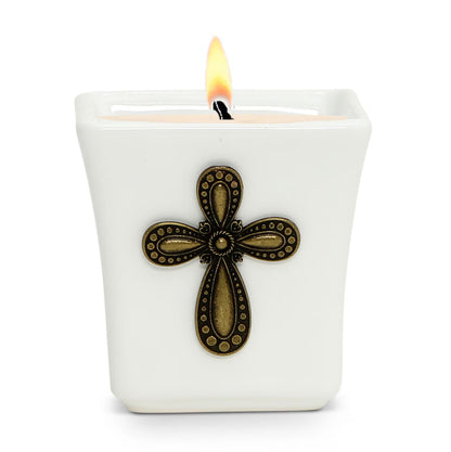 CHRISTIAN CANDLE: Deruta Brass Cross Candle – 14 oz Square Ceramic Soy Wax Candle
