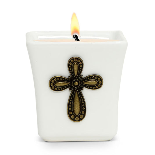 CHRISTIAN CANDLE: Deruta Brass Cross Candle – 14 oz Square Ceramic Soy Wax Candle