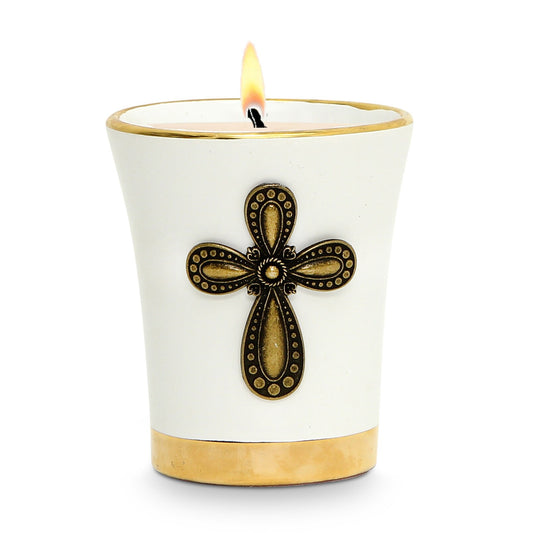 CHRISTIAN CANDLE: Deluxe Flared Ceramic Soy Wax Candle with 24K Gold Rims & Brass Cross Ornament (12 oz)