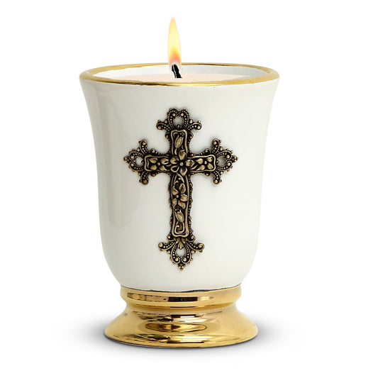 CHRISTIAN CANDLE: Deluxe Ceramic Cup Candle with 24K Gold Rims & Brass Cross Ornament (12 oz Soy Wax)