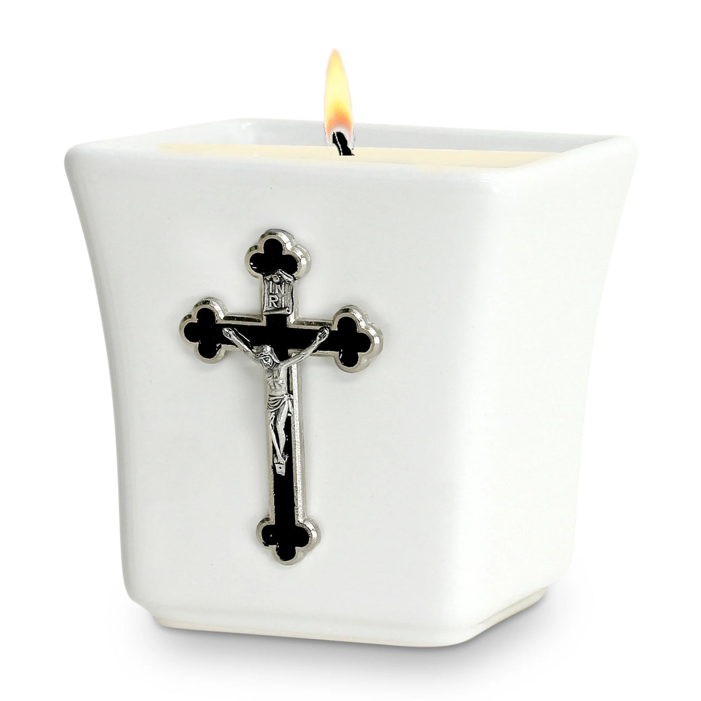 CHRISTIAN CANDLE: Deruta Ceramic Square with  Enameled St. Benedict Crucifix Candle – 14 oz Square Ceramic Soy Wax USA