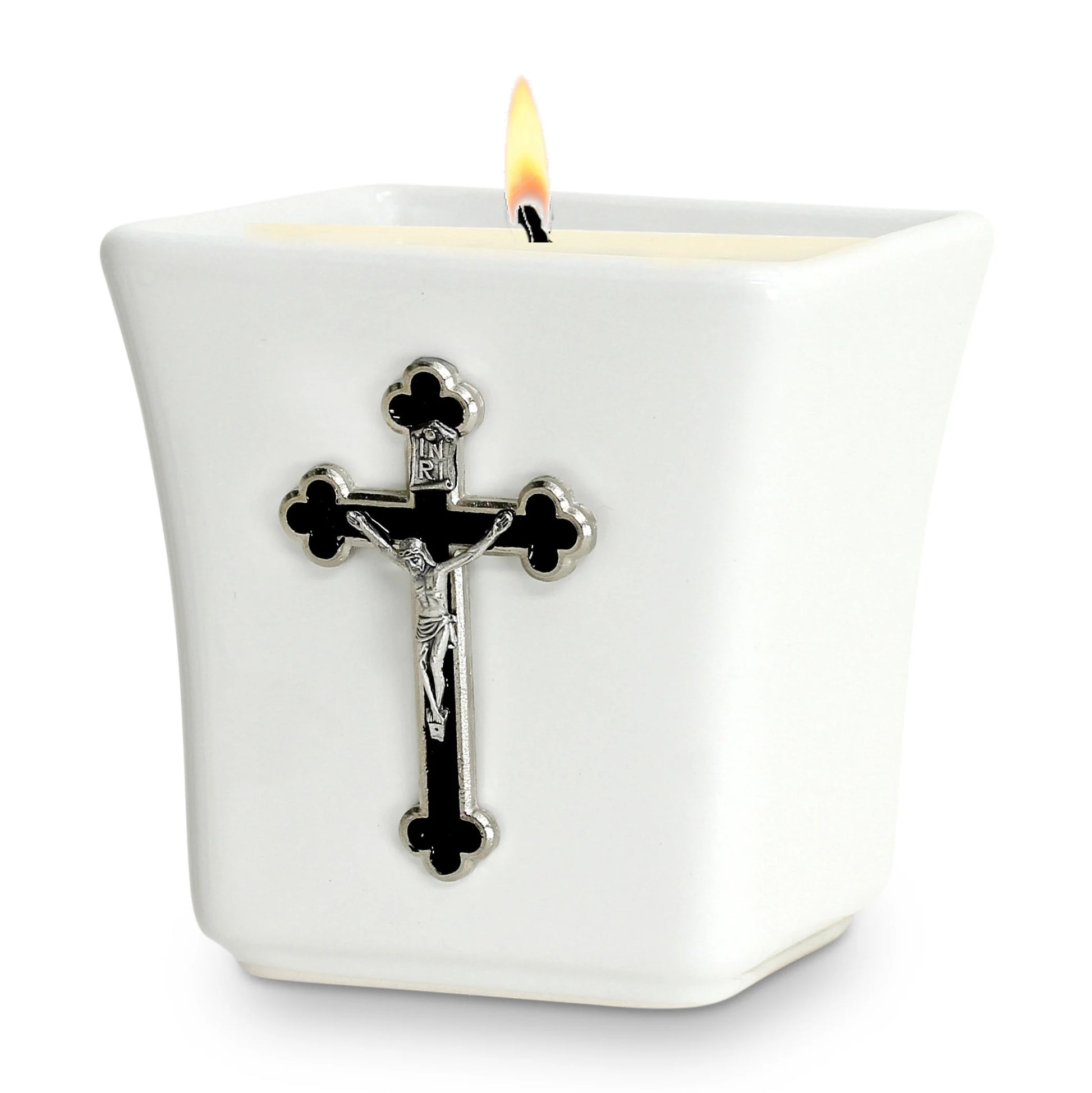 CHRISTIAN CANDLE: Deruta Ceramic Square with  Enameled St. Benedict Crucifix Candle – 14 oz Square Ceramic Soy Wax USA
