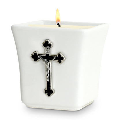 CHRISTIAN CANDLE: Deruta Ceramic Square with  Enameled St. Benedict Crucifix Candle – 14 oz Square Ceramic Soy Wax USA