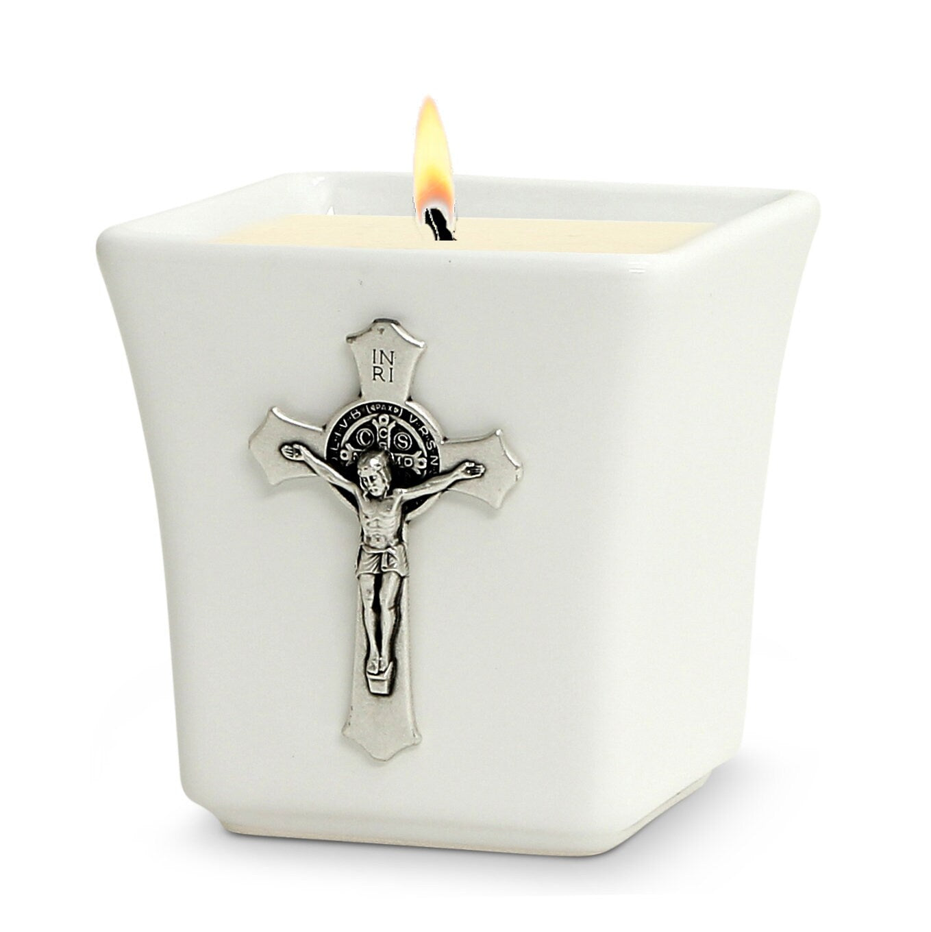CHRISTIAN CANDLE: Deruta Ceramic Square with St. Benedict Crucifix Deluxe Ornament (14 oz) – Deruta Italy | Catholic USA