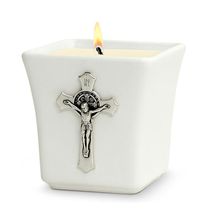 CHRISTIAN CANDLE: Deruta Ceramic Square with St. Benedict Crucifix Deluxe Ornament (14 oz) – Deruta Italy | Catholic USA