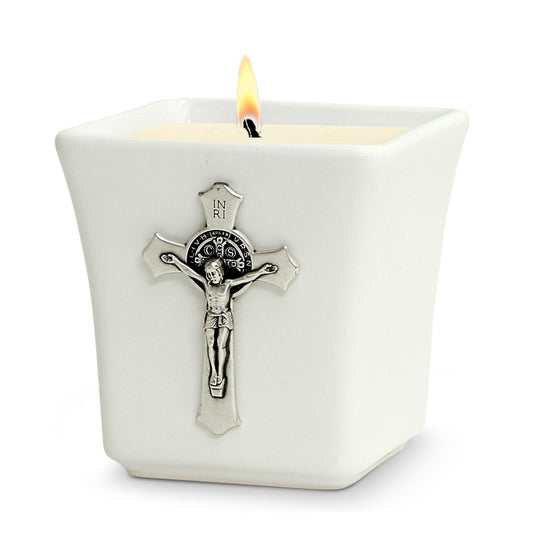 CHRISTIAN CANDLE: Deruta Ceramic Square with St. Benedict Crucifix Deluxe Ornament (14 oz) – Deruta Italy | Catholic Gift