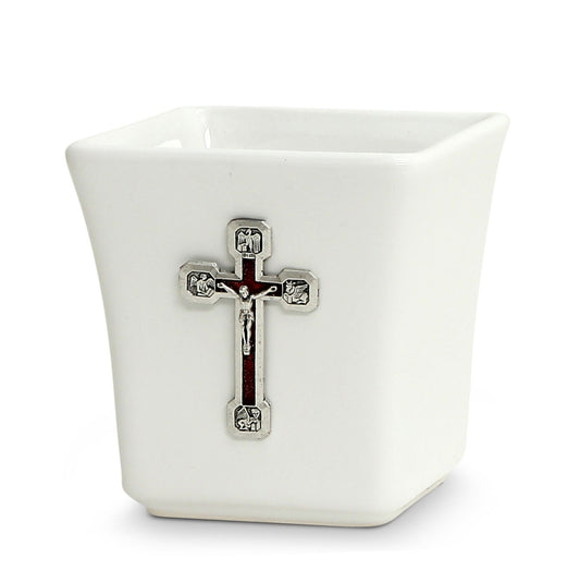 CHRISTIAN CANDLE: Deruta Ceramic Square with Metal Crucifix Ornament – 14 oz Devotional Gift