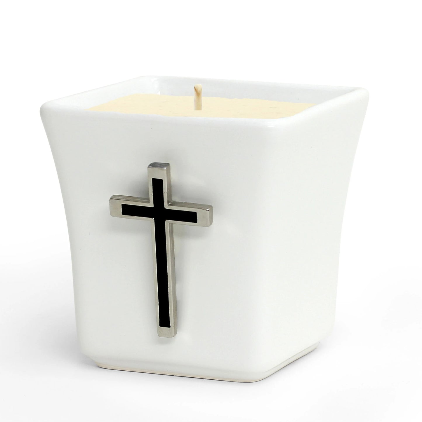 CHRISTIAN CANDLE: Deruta Ceramic Square with Chrome & Black Cross Ornament (14 oz) – Deruta Italy | Catholic Gift - USA