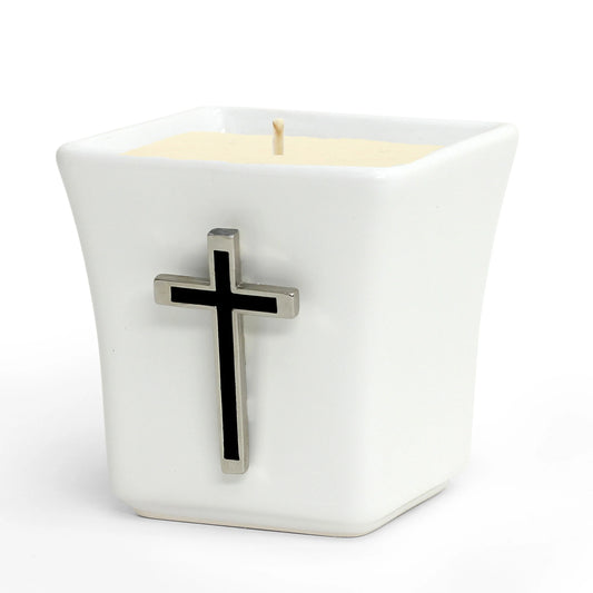 CHRISTIAN CANDLE: Deruta Ceramic Square with Chrome & Black Cross Ornament (14 oz) – Deruta Italy | Catholic Gift