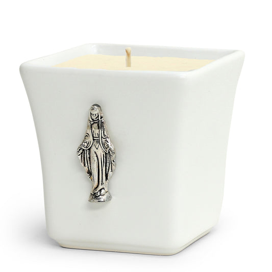CHRISTIAN CANDLE: Deruta Ceramic Square with Virgin Mary Ornament (14 oz) – Deruta Italy