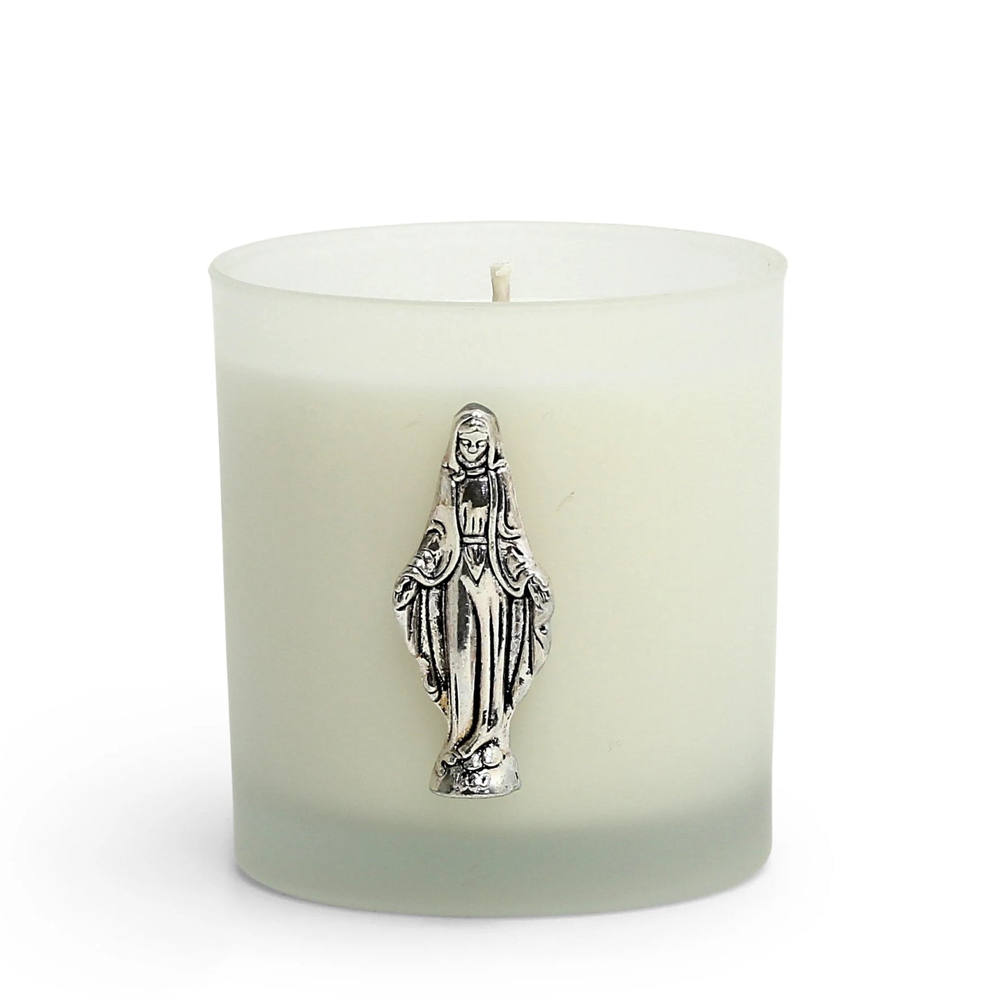 CHRISTIAN CANDLE: Round Frosted Glass Virgin Mary Candle – 8 oz Soy Wax