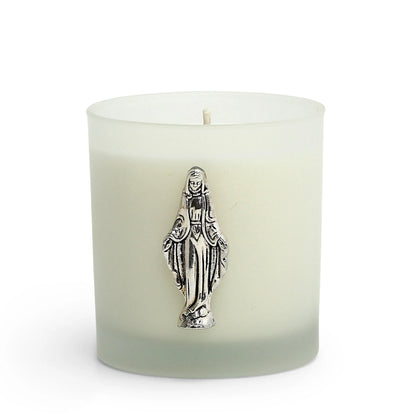 CHRISTIAN CANDLE: Round Frosted Glass Virgin Mary Candle – 8 oz Soy Wax