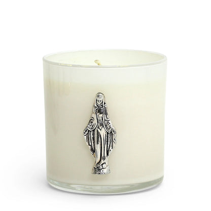 CHRISTIAN CANDLE: White Glass Round Virgin Mary Glass Candle – 10 oz Soy Wax | Catholic Devotional Gift with Prayer Card