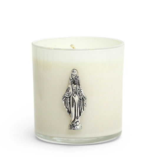 CHRISTIAN CANDLE: White Glass Round Virgin Mary Glass Candle – 10 oz Soy Wax | Catholic Devotional Gift with Prayer Card