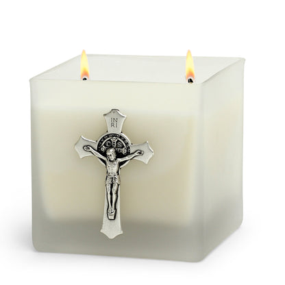 CHRISTIAN CANDLE: St Benedict Crucifix Candle – 18 oz Square Frosted Glass Soy Wax Candle