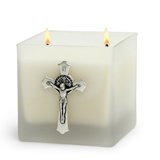 CHRISTIAN CANDLE: St Benedict Crucifix Candle – 18 oz Square Frosted Glass Soy Wax Candle