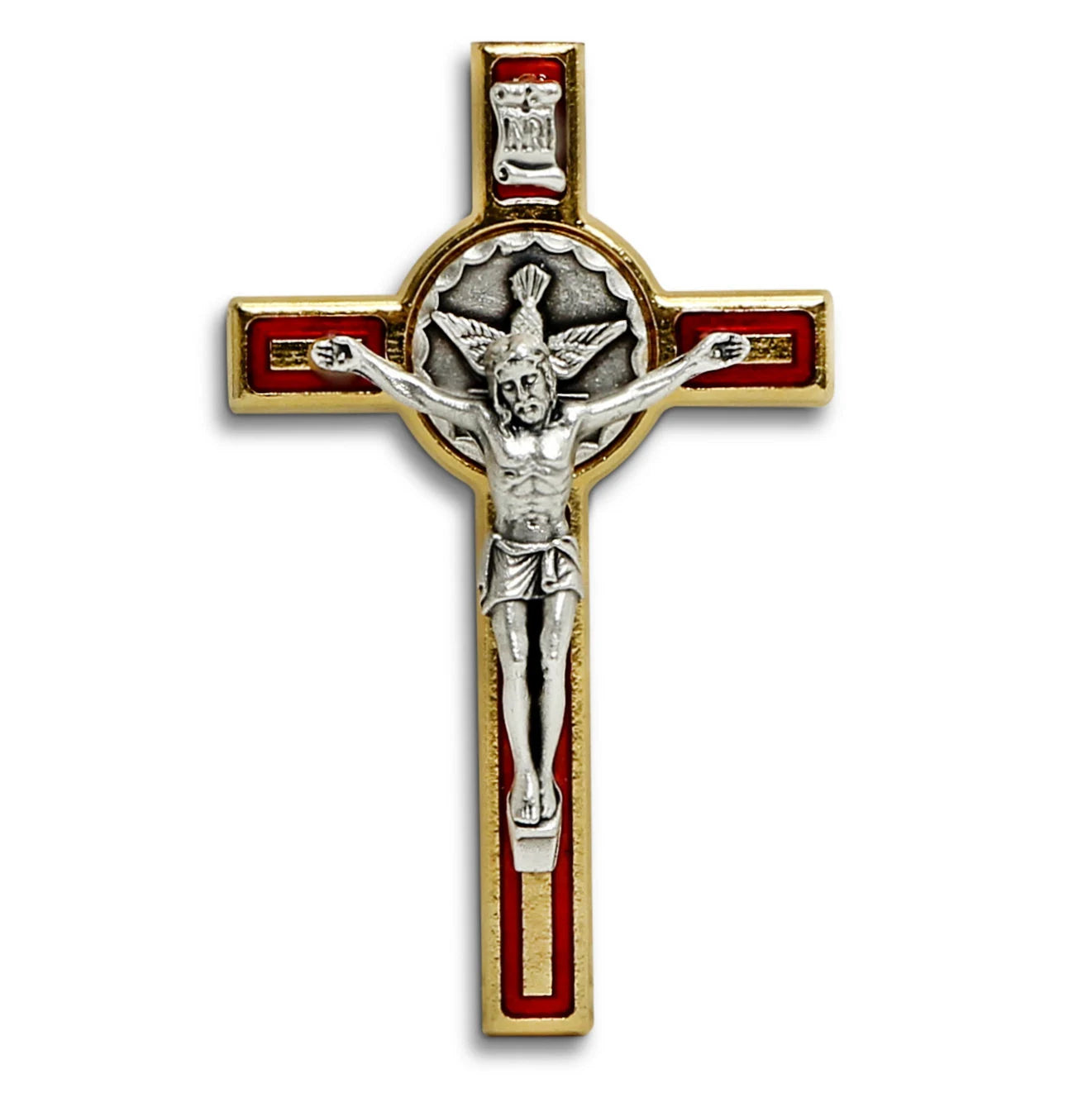 CHRISTIAN CANDLE: Square Frosted Glass Catholic Candle – St. Benedict Gold Deluxe Crucifix with Red Enamel (18 oz) View USA