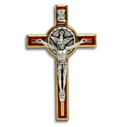 CHRISTIAN CANDLE: Square Frosted Glass Catholic Candle – St. Benedict Gold Deluxe Crucifix with Red Enamel (18 oz) View USA
