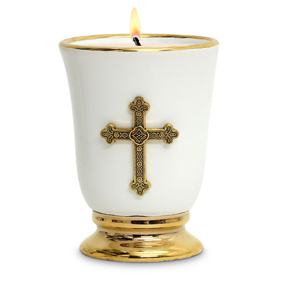 CHRISTIAN CANDLE: Deluxe Ceramic Cup Candle with 24K Gold Rims and Antique Gold Cross (12 oz Soy Wax) - Sublimation USA