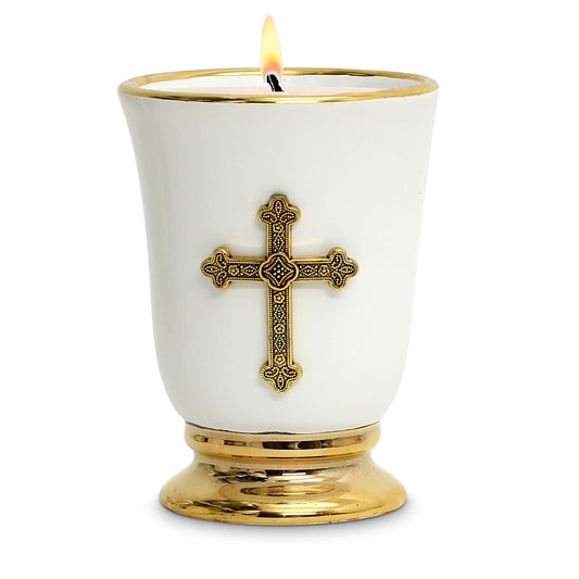 CHRISTIAN CANDLE: Deluxe Ceramic Cup Candle with 24K Gold Rims and Antique Gold Cross (12 oz Soy Wax)