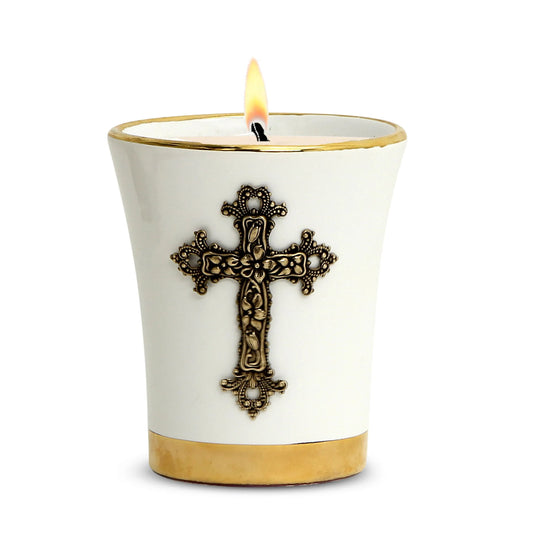 CHRISTIAN CANDLE: Gold Rim Deruta Ceramic Soy Wax Candle with Antique Brass Cross (12 oz)