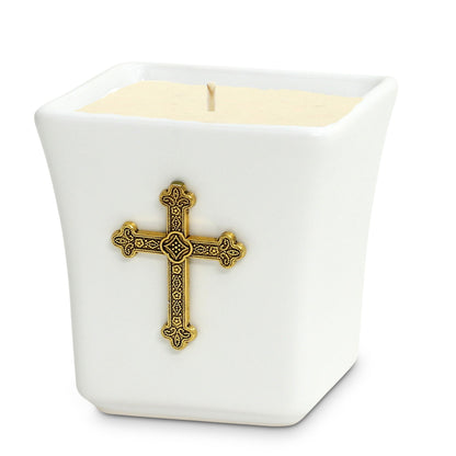 CHRISTIAN CANDLE: Deruta Ceramic Square with Antique Gold Cross | Deruta Italy Gift Box + Prayer Card (14 Oz Soy Wax) - USA